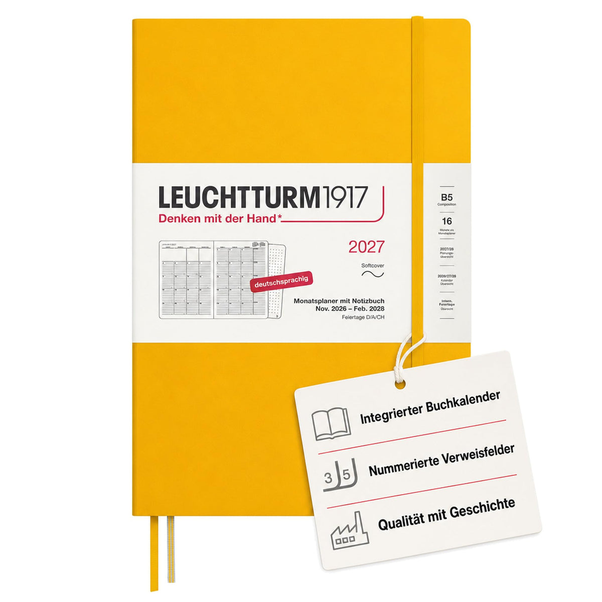 LEUCHTTURM1917 planificator lunar cu caiet 2027 Compoziție (B5) - germană, floarea soarelui, copertă moale, 178 x 254 mm, 16 luni (01.11.2026-28.02.2028), 132 pagini de note punctate cu cuprins - 400172