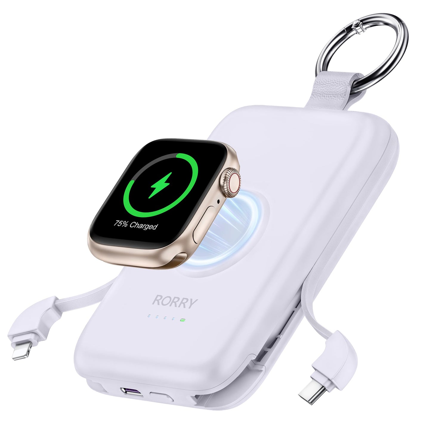 RORRY Power Bank, 10000mAh Power Bank Fast Charging Function PD 20W with Integrated Cable, Travel Portable Charger External Mobile Phone Batteries for iPhone 17/16/15/14 and Apple Watch Ultra 11/10/9/8/7/SE, Purple - D2-10000