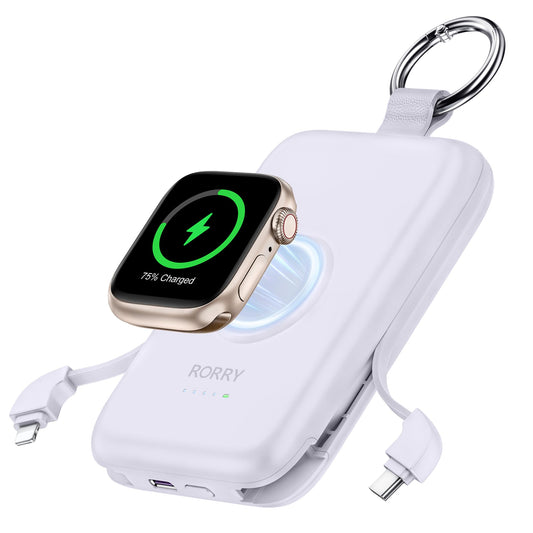 RORRY Power Bank, 10000mAh Power Bank Fast Charging Function PD 20W with Integrated Cable, Travel Portable Charger External Mobile Phone Batteries for iPhone 17/16/15/14 and Apple Watch Ultra 11/10/9/8/7/SE, Purple - D2-10000