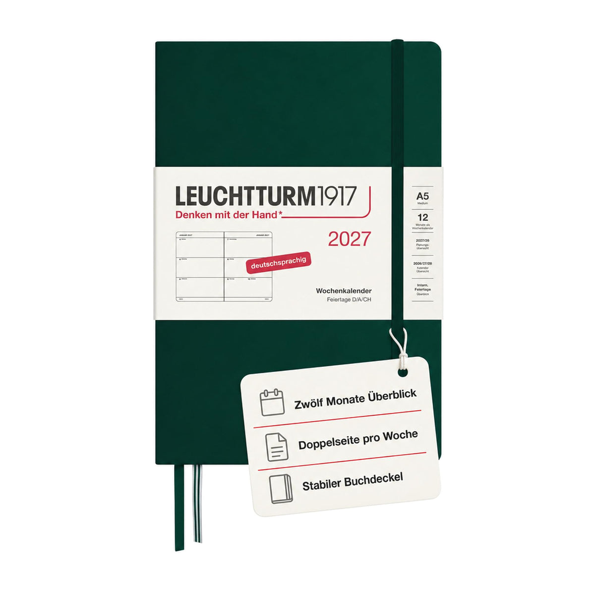 LEUCHTTURM1917 Calendar săptămânal 2027 Mediu (A5) - Germană, Verde pădure, Hardcover, 12 luni - ianuarie-decembrie 2027, 1 săptămână pe pagină dublă, hârtie de 80 g/m² cu compatibilitate ridicată cu cerneală - 400106