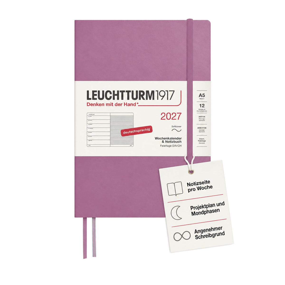 LEUCHTTURM1917 Calendar săptămânal 2027 Mediu (A5) cu caiet - Planificator de întâlniri german, Trandafir praf, Copertă moale, ianuarie-decembrie 2027, Prezentare generală săptămânală în stânga + Pagina de note în dreapta - 400066