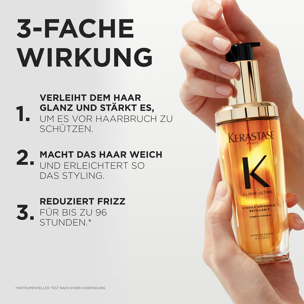 Kérastase Huile Originale Elixir Ultime, hair oil for dry hair, nourishing and protective for more shine without weighing it down, heat protection and anti-frizz, refillable, 75 ml - E4166700