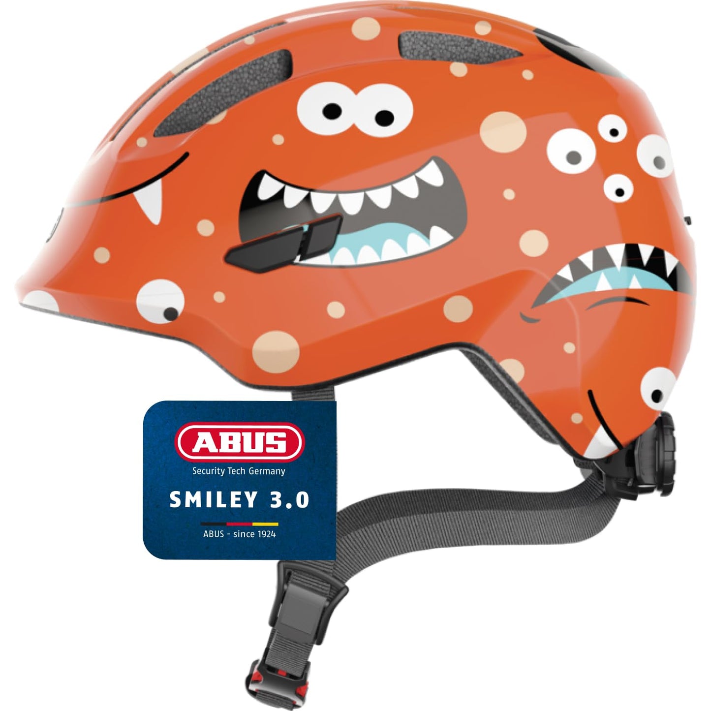 ABUS children's helmet Smiley 3.0 - bicycle helmet with a deep fit, child-friendly designs & space for a braid - for girls and boys - orange with monster pattern, size M - 67266