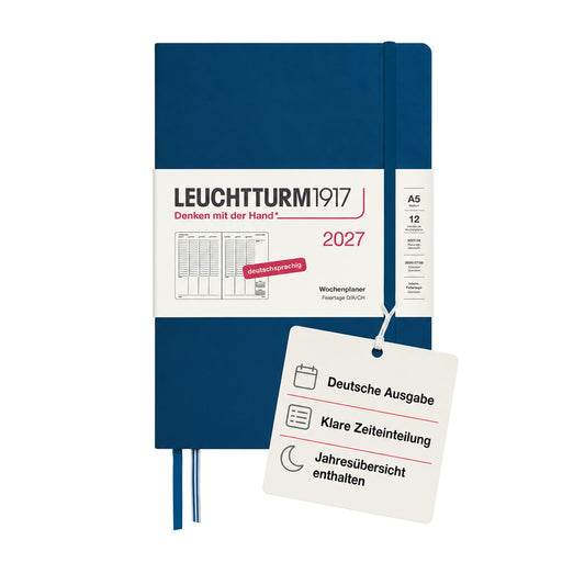 LEUCHTTURM1917 Weekly Planner 2027 Medium (A5) - German, Indigo, 210 x 145 mm, January-December (12 months), weekly overview with hourly grid 7:00-22:00 per column, hardcover, 80 g/m² paper - 400151