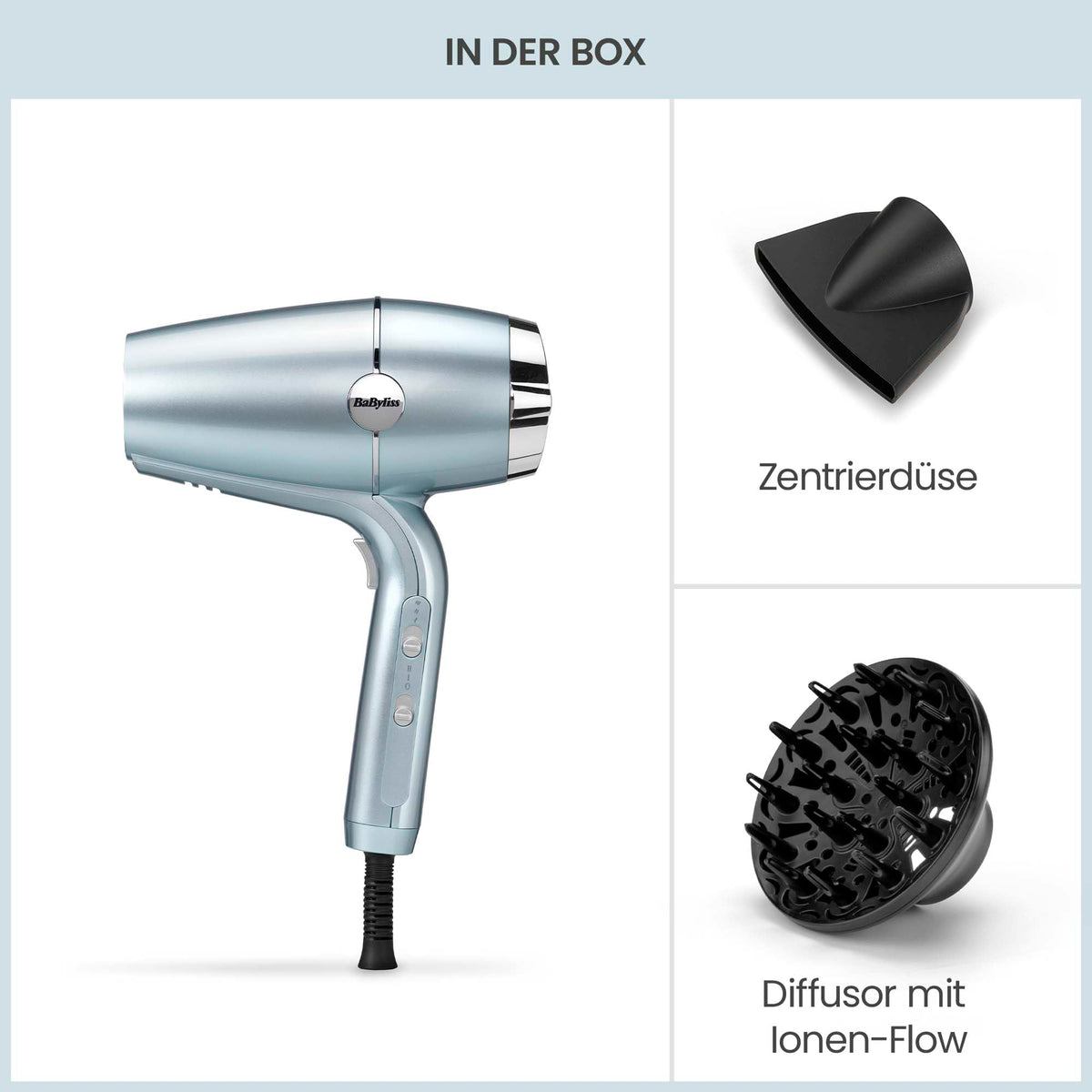 BaByliss Hydro‑Fusion Uscător de păr cu difuzor – Uscător de păr profesional de 2100 W cu ionizare pentru un styling fără frizz, tehnologie plasma pentru strălucire, design ușor, 3 niveluri de căldură și 2 viteze ale aerului, Albastru, D773DE