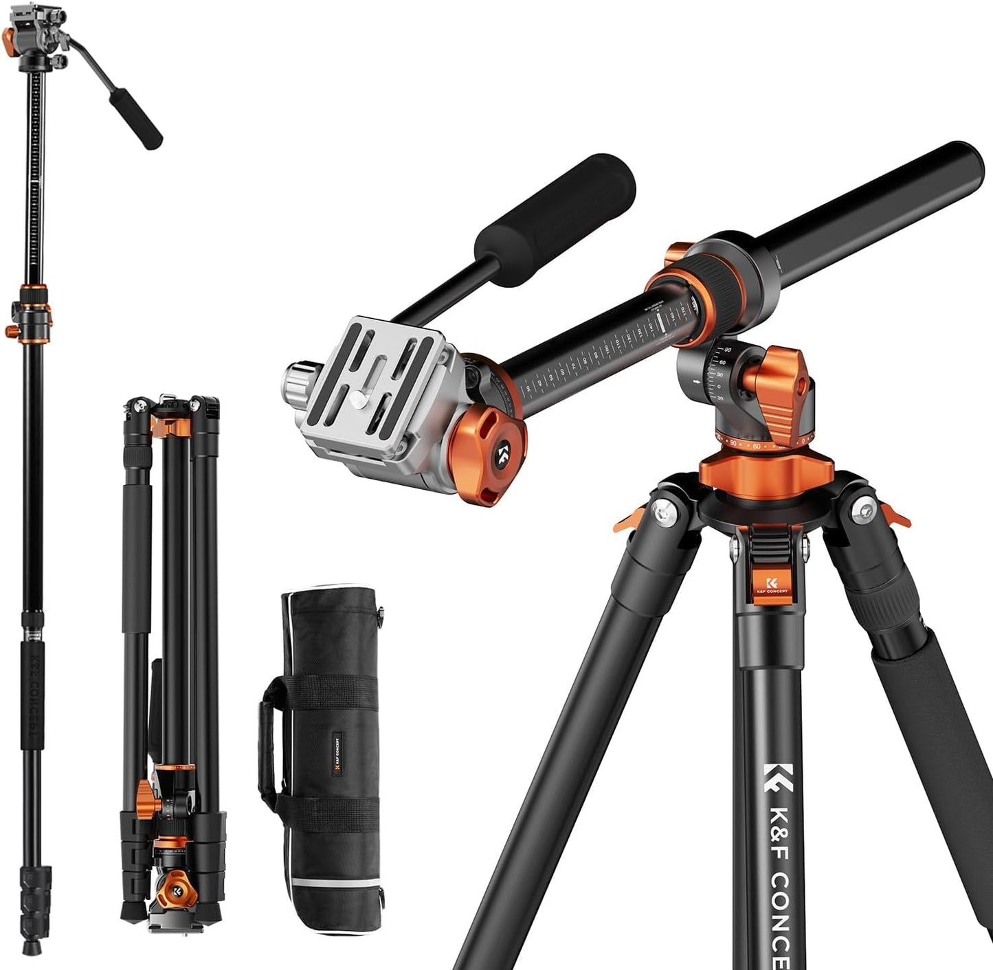 Camera tripod, K&F CONCEPT video tripod video tripod with fluid head, 231cm tripod with 90° center column and removable monopod, aluminum travel tripod T254A7+FH-03 for DSLR, camcorders, cameras