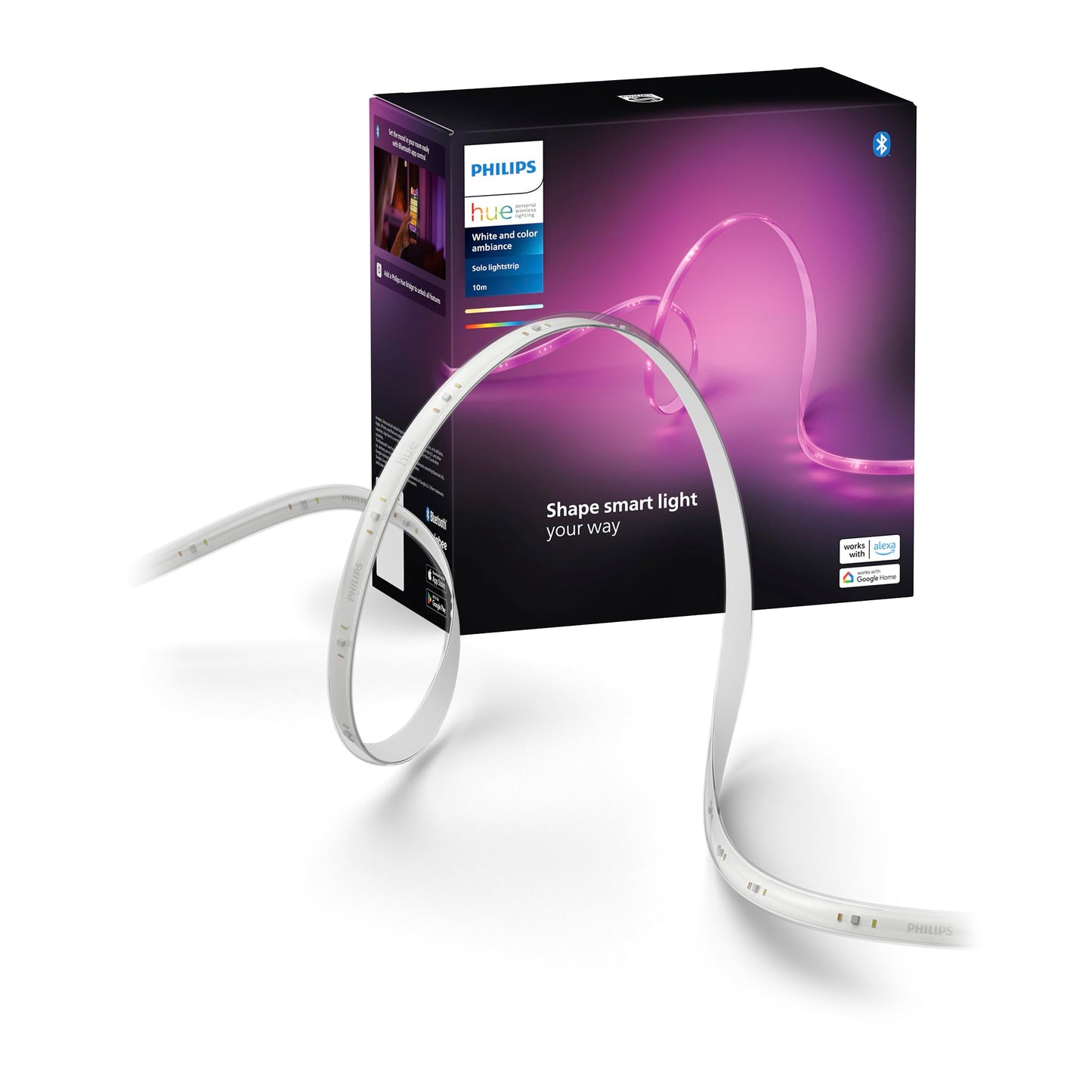 Philips Hue Indoor 10m Smart LED Solo Lightstrip basic set, pack of 1, indirect lighting can be controlled with the Hue app, LED strip works with Alexa, Google Assistant and Apple HomeKit - 8720169326750