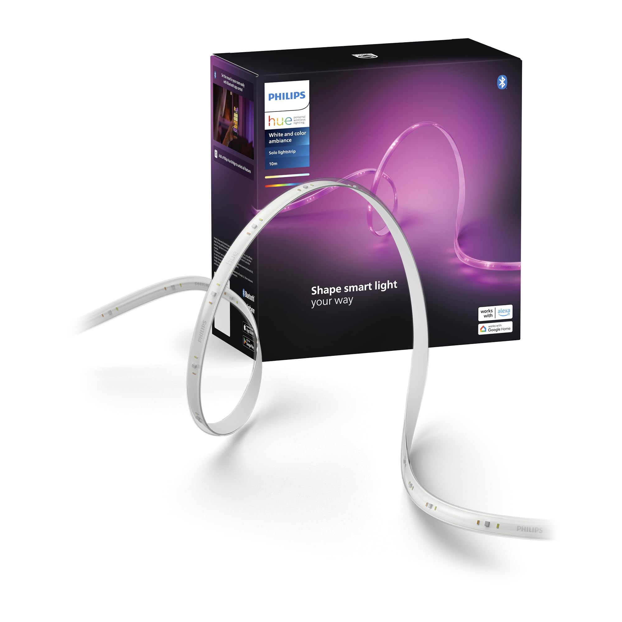 Philips Hue Indoor 10m Smart LED Solo Lightstrip basic set, pack of 1, indirect lighting can be controlled with the Hue app, LED strip works with Alexa, Google Assistant and Apple HomeKit - 8720169326750