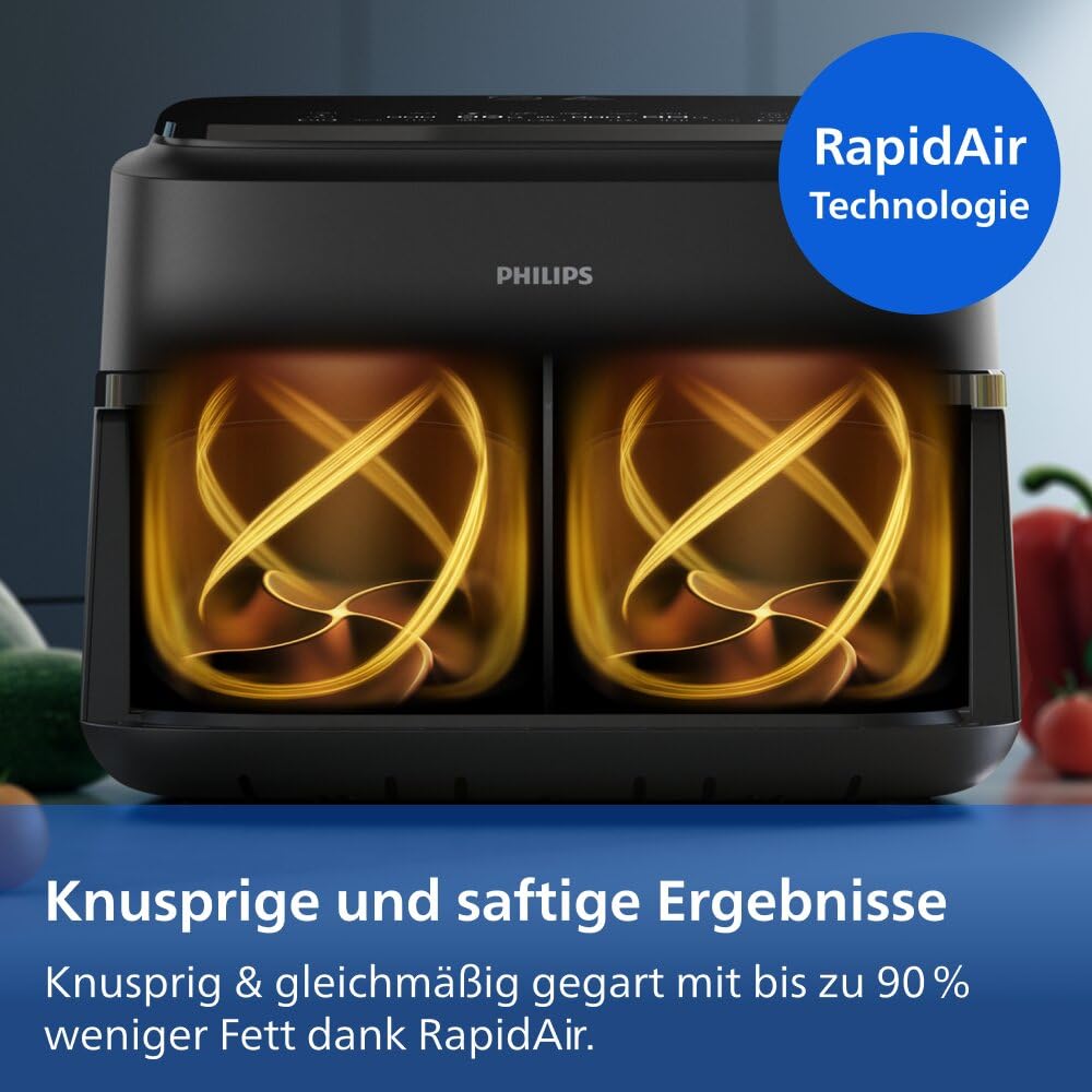 Philips Airfryer 1000 Series Flexible Basket - Hot air fryer with 7.1 L capacity, RapidAir technology, 10 cooking functions, 90% less fat, compact design, HomeID recipe app (NA154/00)