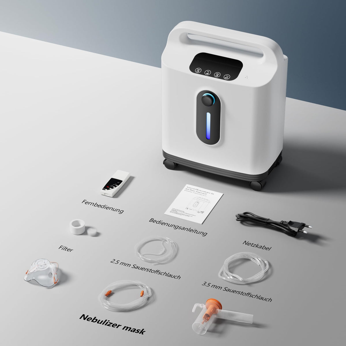 ALLNIS Concentrator de oxigen, 1-8 litri/minut, concentrație ajustabilă 90% ± 3%, cu mânere portabile pentru utilizare ușoară acasă sau în călătorii (roți universale, manual în germană)