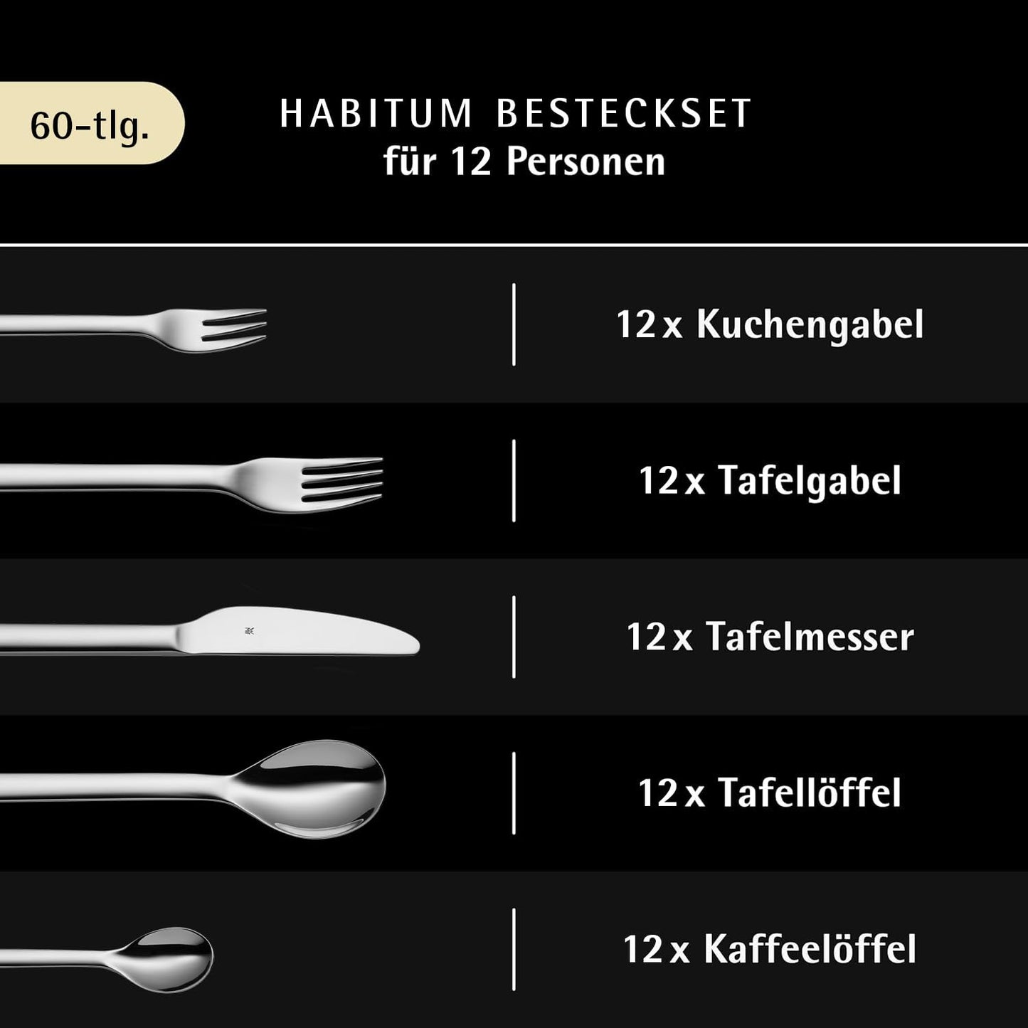 WMF Habitum cutlery set for 12 people, cutlery 60 pieces, monobloc knife, Cromargan stainless steel polished, shiny, dishwasher safe - 1186006040