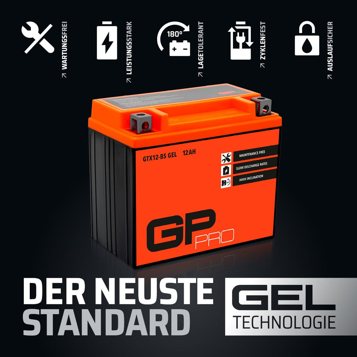 GP-PRO gel battery 12 V 12 Ah maintenance-free compatible with Piaggio X8 125 - GP-006
