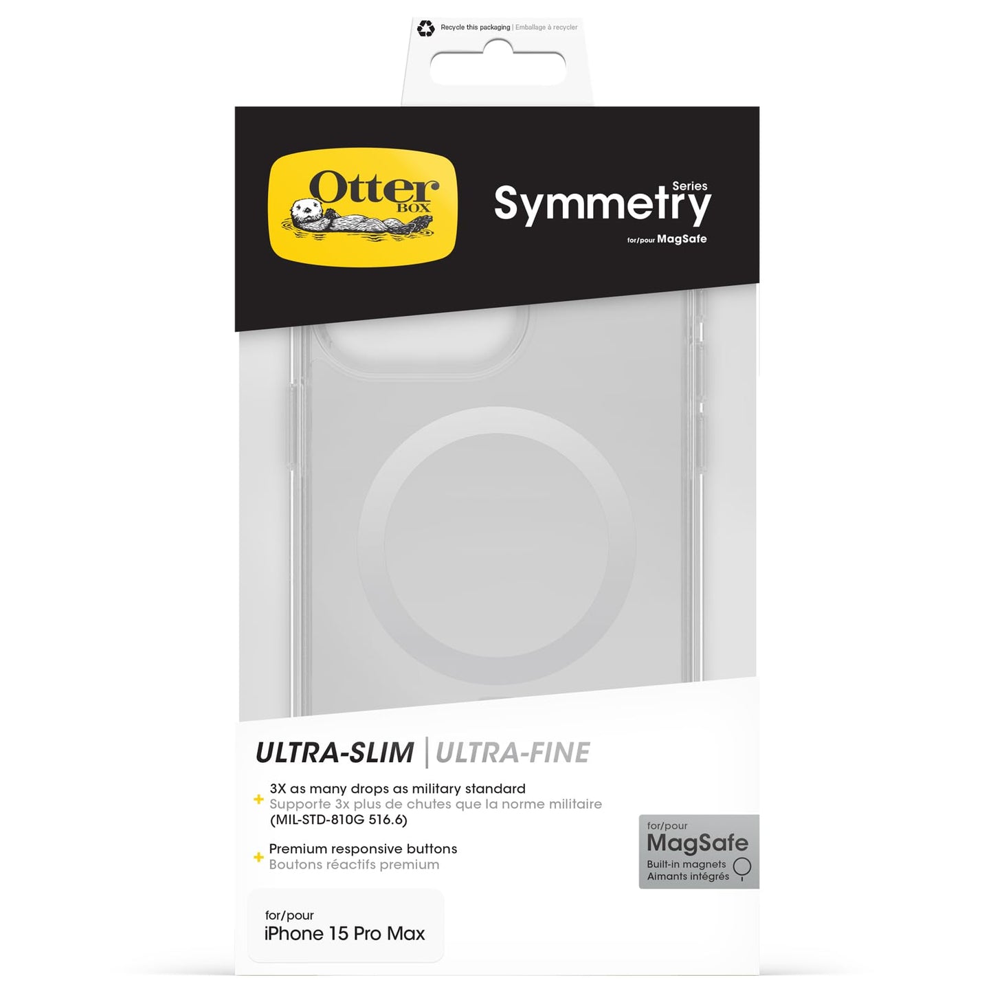 OtterBox Symmetry Clear for MagSafe Transparent Case for iPhone 15 Pro Max, Shockproof Drop Proof Protective Case, 3X Military Grade Tested, Transparent - 77-93081