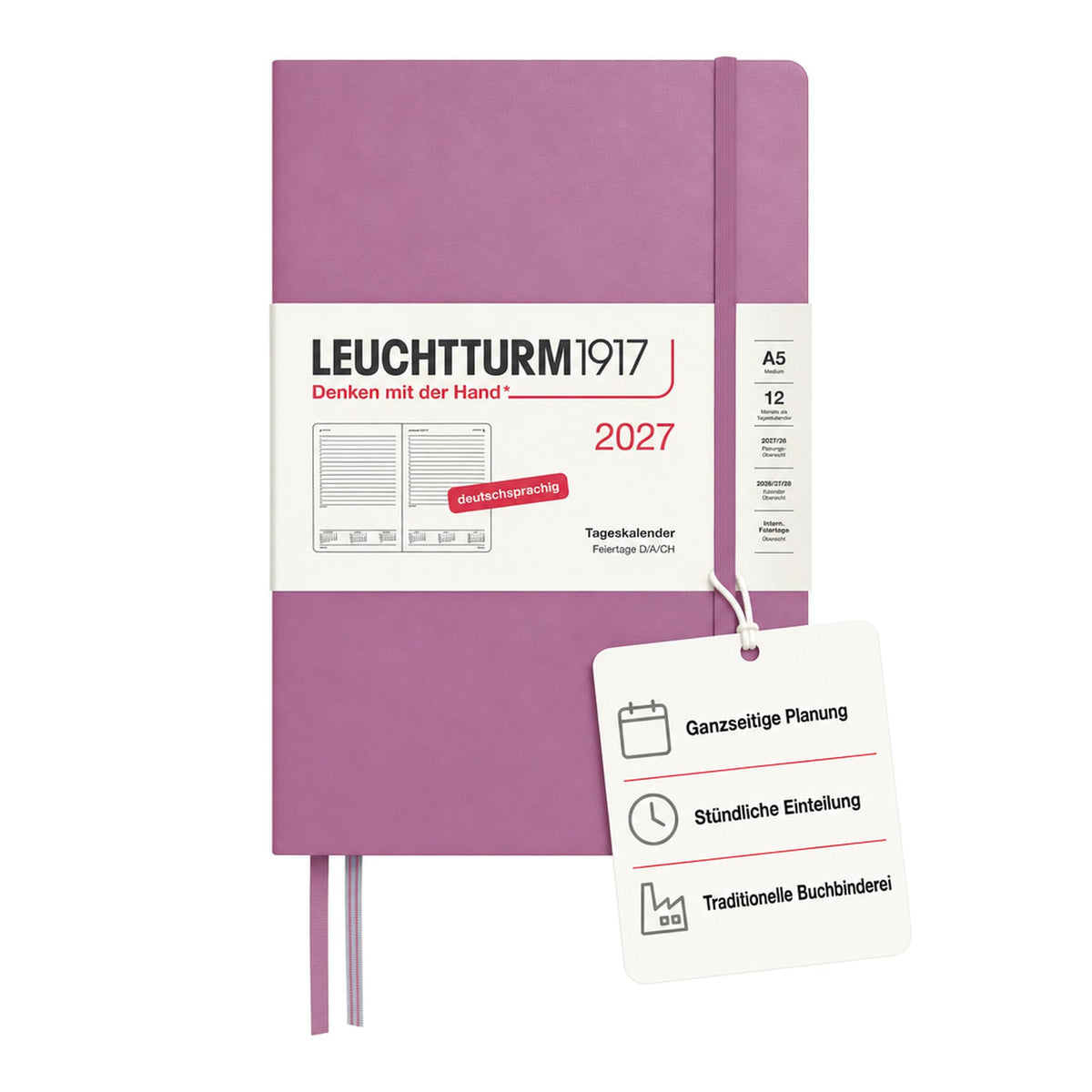 LEUCHTTURM1917 Daily Calendar 2027 Medium (A5) - German, Dusty Rose, 145 x 210 mm, January-December (12 months), 1 page per day, hourly grid 7:00 a.m. - 10:00 p.m., hardcover, 80 g/m² paper - 400158