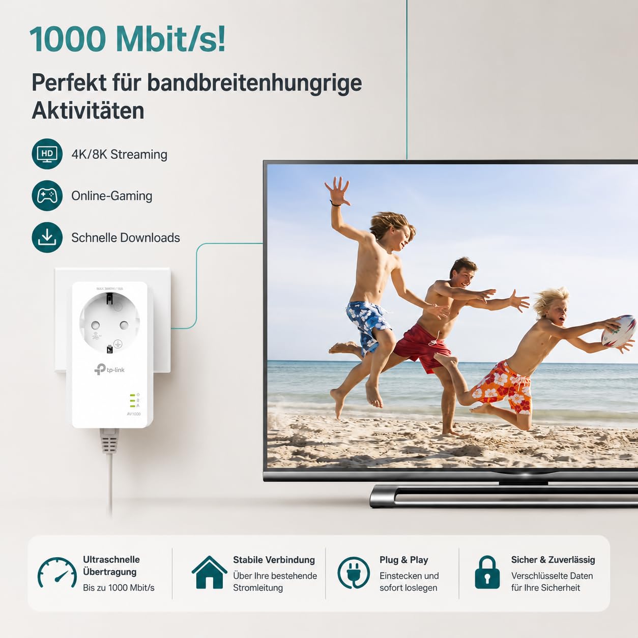 TP-Link Powerline Adapter Set TL-PA7017P KIT (1000Mbit/s, with socket, Gigabit port, Plug&Play, compatible with all HomePlug AV/AV2 powerline adapters, ideal for media streaming)