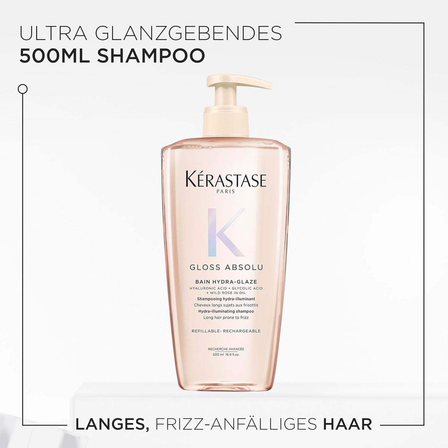 Kérastase Gloss Absolu Bain Hydra-Glaze, shampoo for long, frizz-prone hair, with hyaluronic acid, glycolic acid and wild rose oil, for intense shine and volume, 500ml - 3474637283414