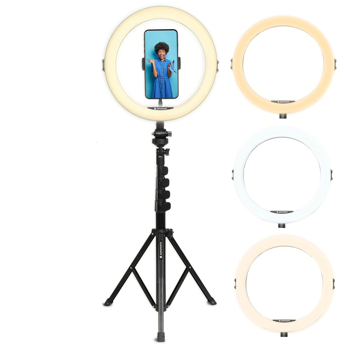 AgfaPhoto Ringlicht Realiview ARL11XL - 11-inch LED light with adjustable tripod (45cm to 155cm) - LED ring light for video, makeup, photography, compatible with smartphones and cameras. - 1x