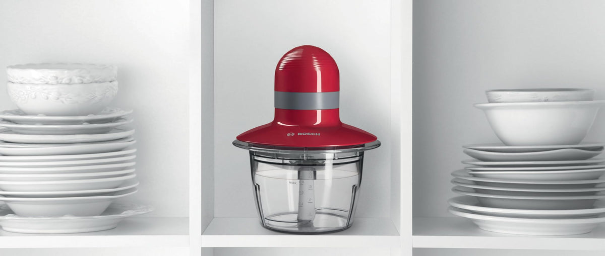 Bosch Universal Chopper, electric, fast, stainless steel blades, 800 ml container, disc for whipping cream, red, 400 W, MMR08R2