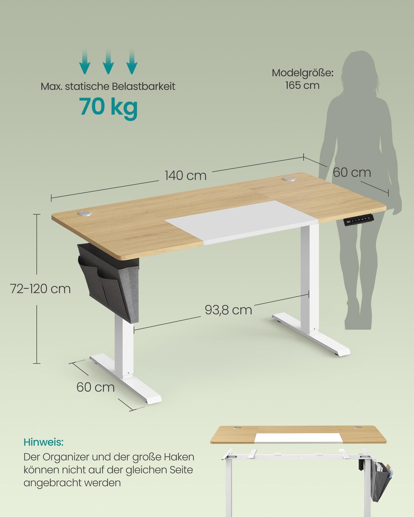 SONGMICS Electric height-adjustable desk, 140 x 60 cm, infinitely adjustable, memory function with 4 heights, natural oak color-matt white LSD016N01