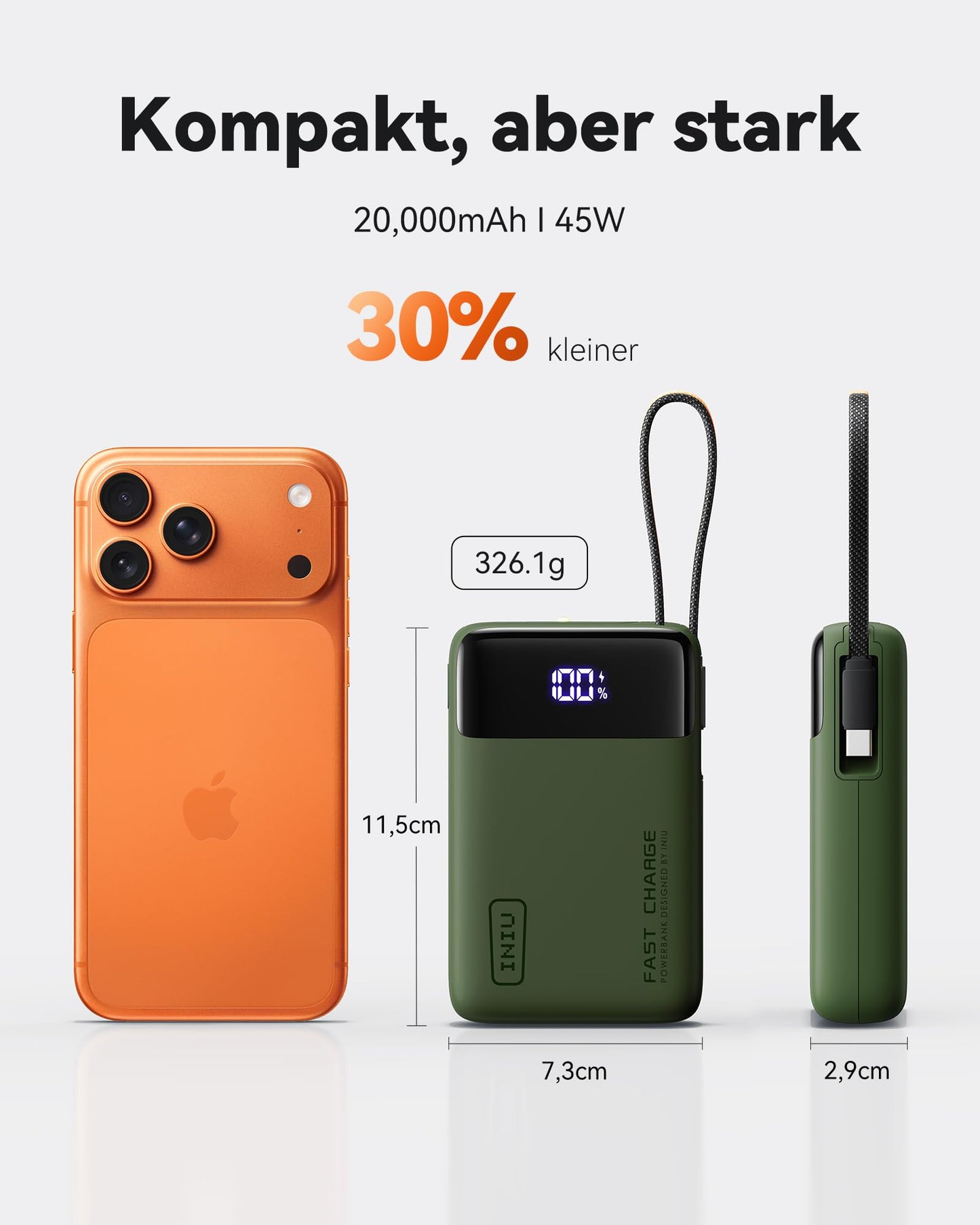 INIU 45W Power Bank, Ultra Small 20000mAh Power Bank with Integrated USB C Cable, Quick Charging External Mobile Phone Batteries for Camping, Hiking, Outdoor Activities, Festival Use, Green - P51L