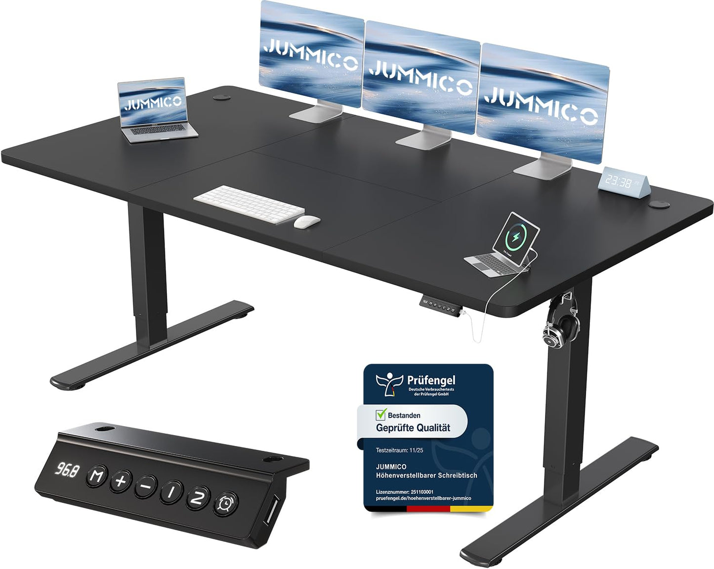 JUMMICO Height-adjustable desk with USB charging port, desk height-adjustable electric 180 x 80 cm, stand-sit table, standing desk, adjustable computer table, standing desk, black - 0403