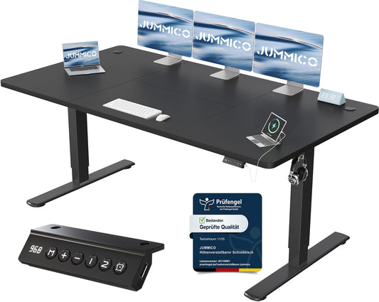 JUMMICO Height-adjustable desk with USB charging port, desk height-adjustable electric 180 x 80 cm, stand-sit table, standing desk, adjustable computer table, standing desk, black - 0403