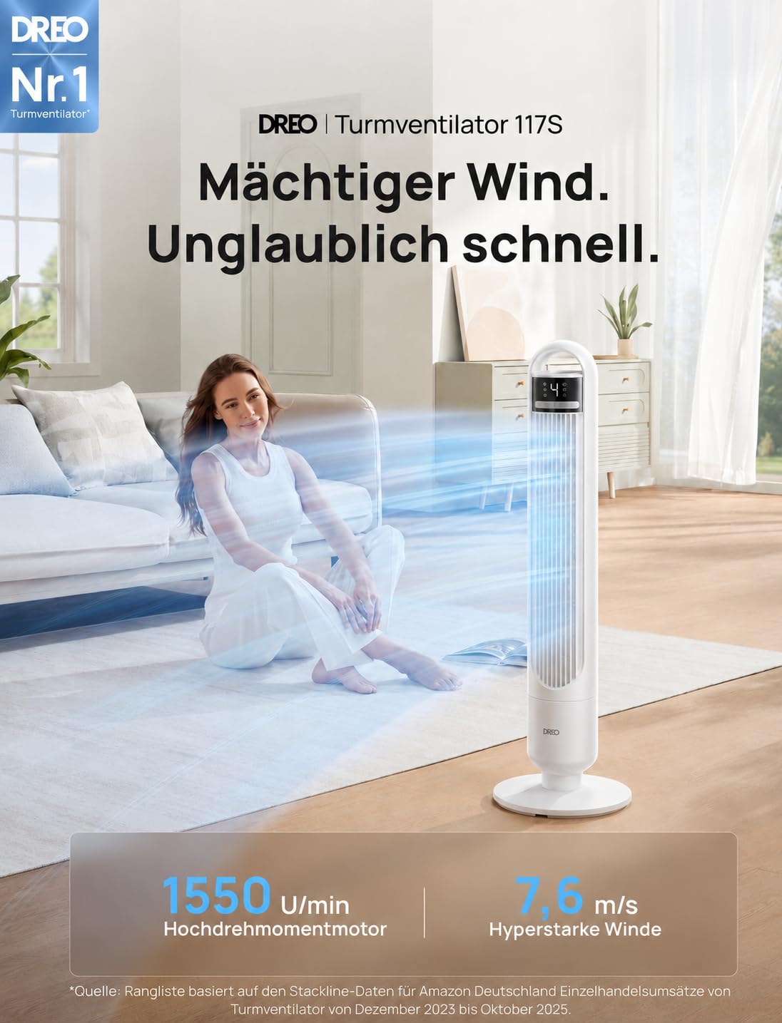 DREO Smart tower fan for the bedroom, quiet pedestal fan with 28 dB, air range up to 8.8 m, 4 levels & 3 modes, 8 hour timer, app, Alexa & Google, 90° oscillation, for home/office - DR-HTF017S