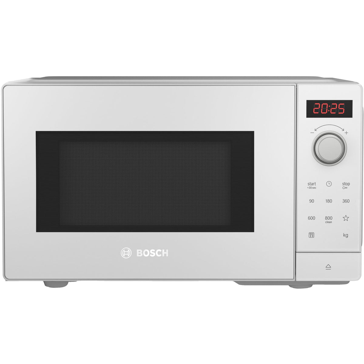 Bosch FFL023MW0 Serie 2 Microwave, 26 x 44 cm, 800 W, Turntable 27 cm, Left Door Hinge, AutoPilot 7 with 7 Automatic Programs, Cleaning Assistance, LED Touch Display, White