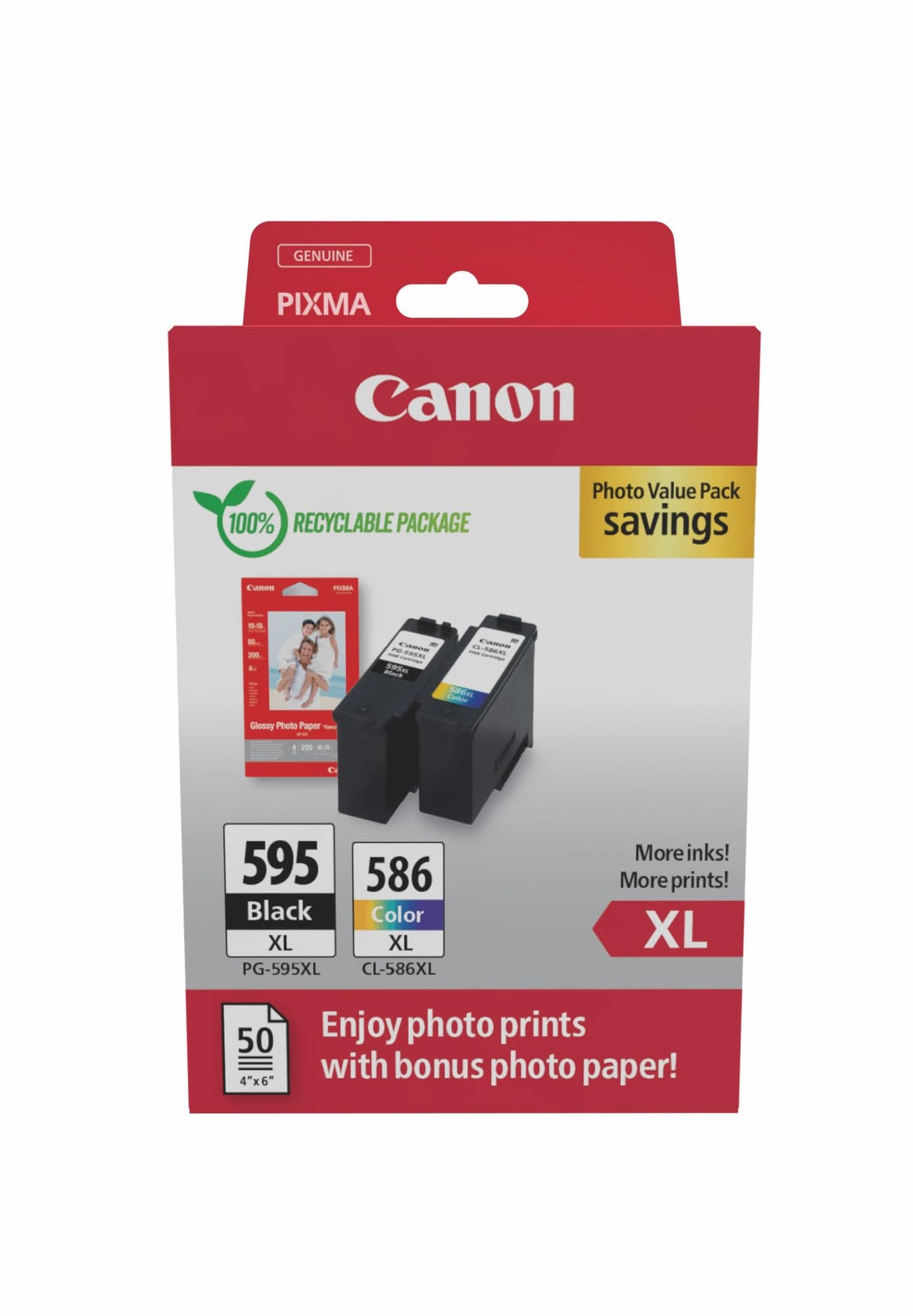 Canon Ink Cartridge – PG-595XL / CL-586XL Original Printer Cartridge, 2-Pack (1x Black, 1x Color) + 50 Sheets 4x6 Photo Paper GP-501