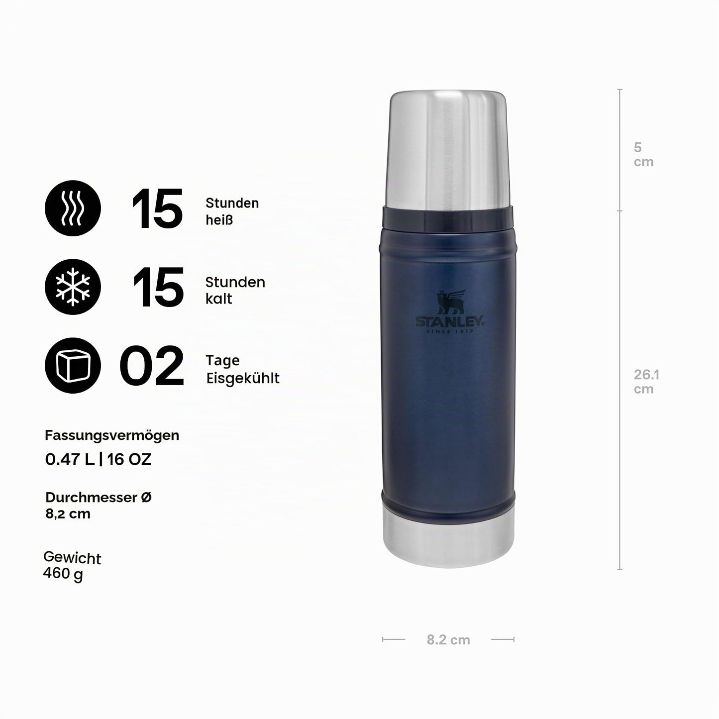 Stanley 1913 Classic Legendary Thermos Bottle 473 ml - Thermos Keeps Hot or Cold for 15 Hours - Stainless Steel Thermos Flask - BPA Free - Dishwasher Safe - Nightfall - 10-01228-088