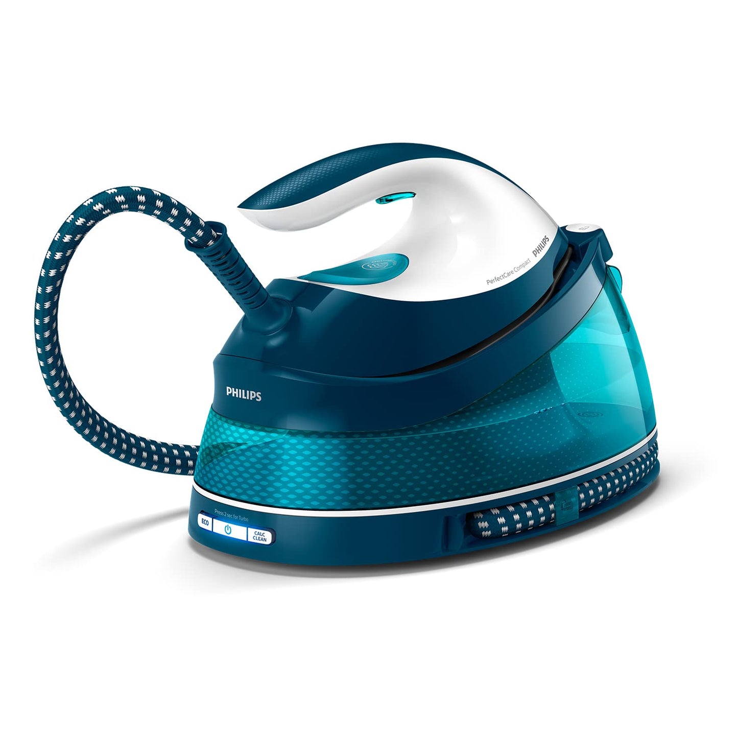 Philips Domestic Appliances Perfect Care Compact steam iron station - OptimalTemp technology, 120 g/min continuous steam, 2400 watts, 6.5 bar pressure, 1.5 L water tank, SteamGlide soleplate, blue (GC7844/20)