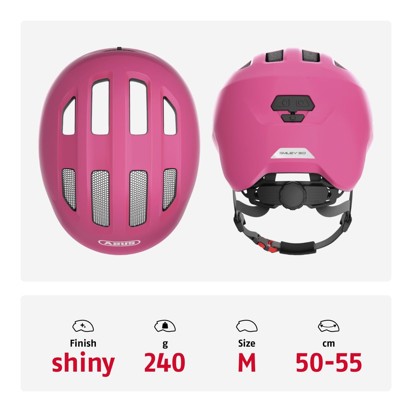 ABUS children's helmet Smiley 3.0 - bicycle helmet with a deep fit, child-friendly designs & space for a braid - for girls and boys - shiny pink, size M - 67272