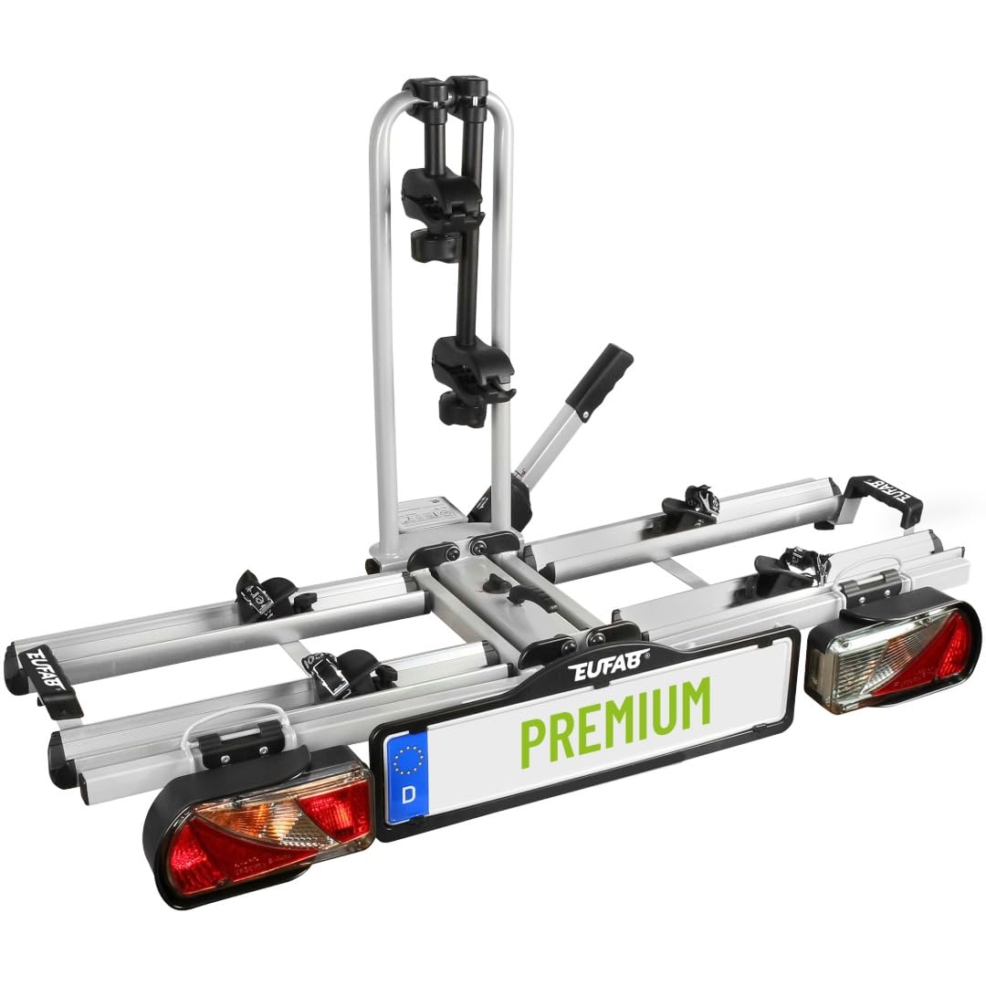 EUFAB 12011LAS PREMIUM bicycle carrier, suitable for e-bikes, completely pre-assembled, anti-theft protection, for 2 bicycles, for trailer hitch, black, gray