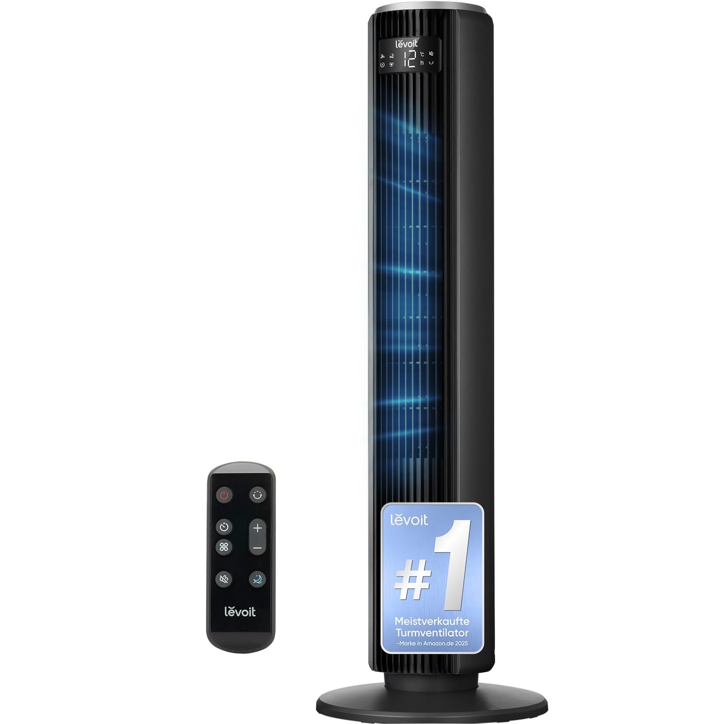 Levoit - DC motor tower fan - 20dB very quiet fan - 4 modes/12 levels/12 hour timer - remote control & cooling - tower fan with 7.9m/s speed - 24W pedestal fan - black, 92 cm - LTF-F362-KEU