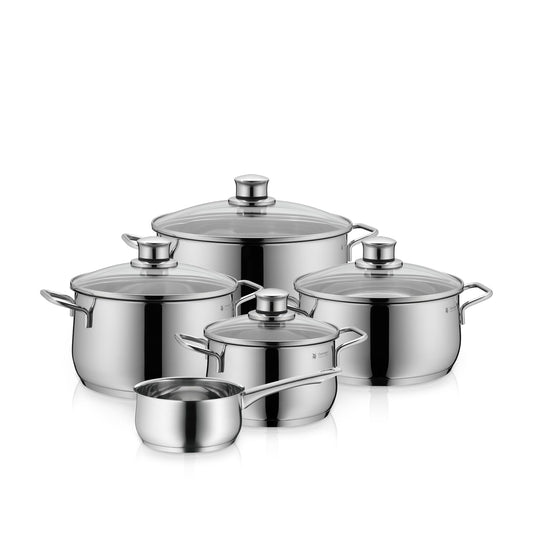 WMF Diadem Plus pot set induction 5-piece, cooking pot set with glass lid, Cromargan polished stainless steel, induction pot set uncoated - 0730356040