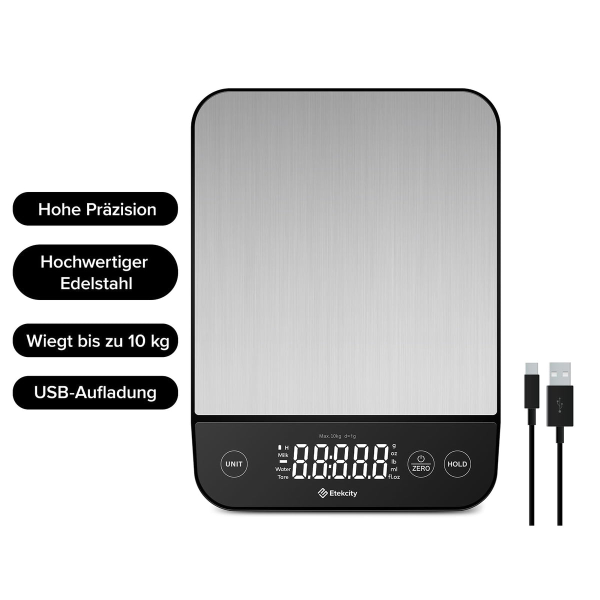 Etekcity 10kg Digital Kitchen Scale - Stainless Steel Kitchen Scale with USB Charging - EKS-L221