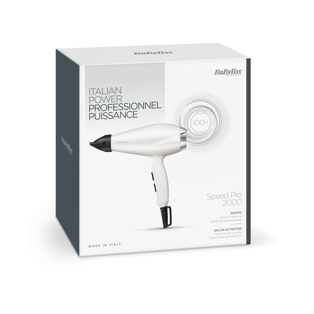 BaByliss Hair Dryer Speed Pro 2000W – Professional AC Hair Dryer, Made in Italy, Lightweight and with Anti-Frizz Ion Technology, 3 Temperature and 2 Speed Settings, White, 6704WE