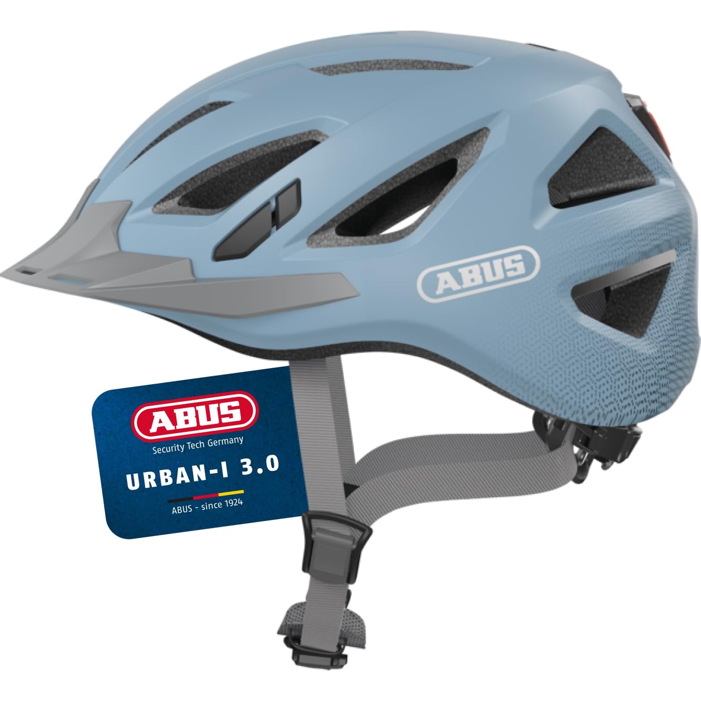 ABUS city helmet Urban-I 3.0 - bicycle helmet with rear light, peak and magnetic fastener - for women and men - light blue, size L - 86896