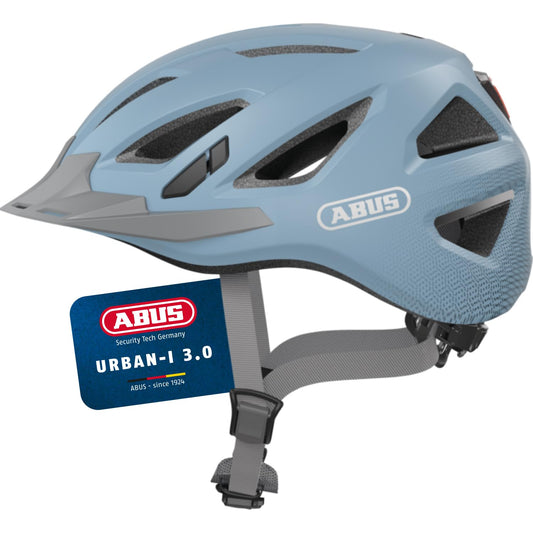 ABUS city helmet Urban-I 3.0 - bicycle helmet with rear light, peak and magnetic fastener - for women and men - light blue, size M - 86895