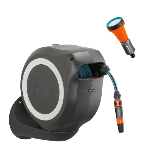 Gardena wall hose box RollUp M 20 m: Flexible irrigation for medium-sized gardens, swiveling hose reel, with wall bracket, system parts and syringe incl. 20 m Gardena hose (18612-60)