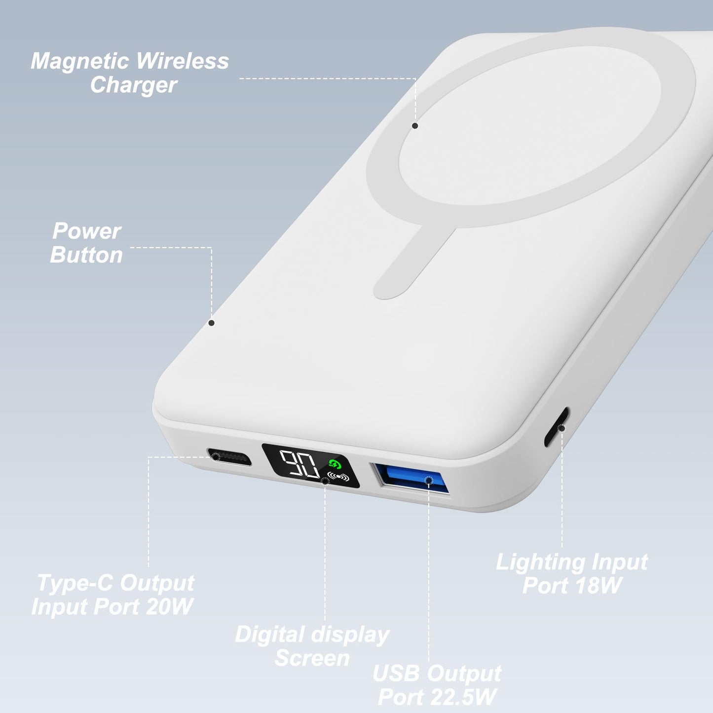 AOGUERBE Wireless Power Bank, 10,000mAh Foldable Magnetic Power Bank PD 22.5W Fast Charging with LED Display, Compatible with MagSafe for iPhone 17/16/15/14/13/12/Pro/Pro Max Series. (milk white) - KT-D009