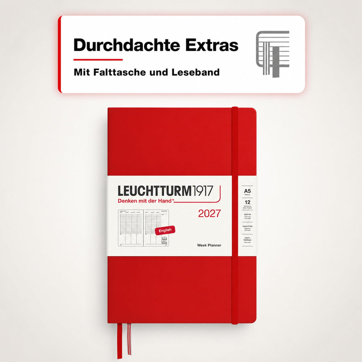 LEUCHTTURM1917 Planificator săptămânal 2027 Mediu (A5) - engleză, cireș, 210 x 145 mm, ianuarie-decembrie (12 luni), prezentare generală săptămânală cu grilă orară 7:00-22:00 per coloană, copertă cartonată, hârtie de 80 g/m² - 400314