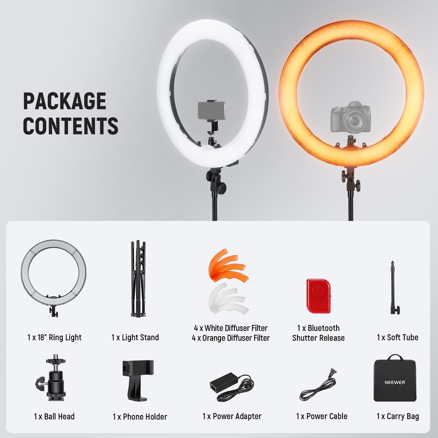 NEEWER ring light with tripod set: 18 inches/45cm outdoor 55W 5600K dimmable LED ring light with Bluetooth remote control for cell phone/camera for YouTube TikTok self portrait photo, tattoo artists, make-up, salons - RL-18