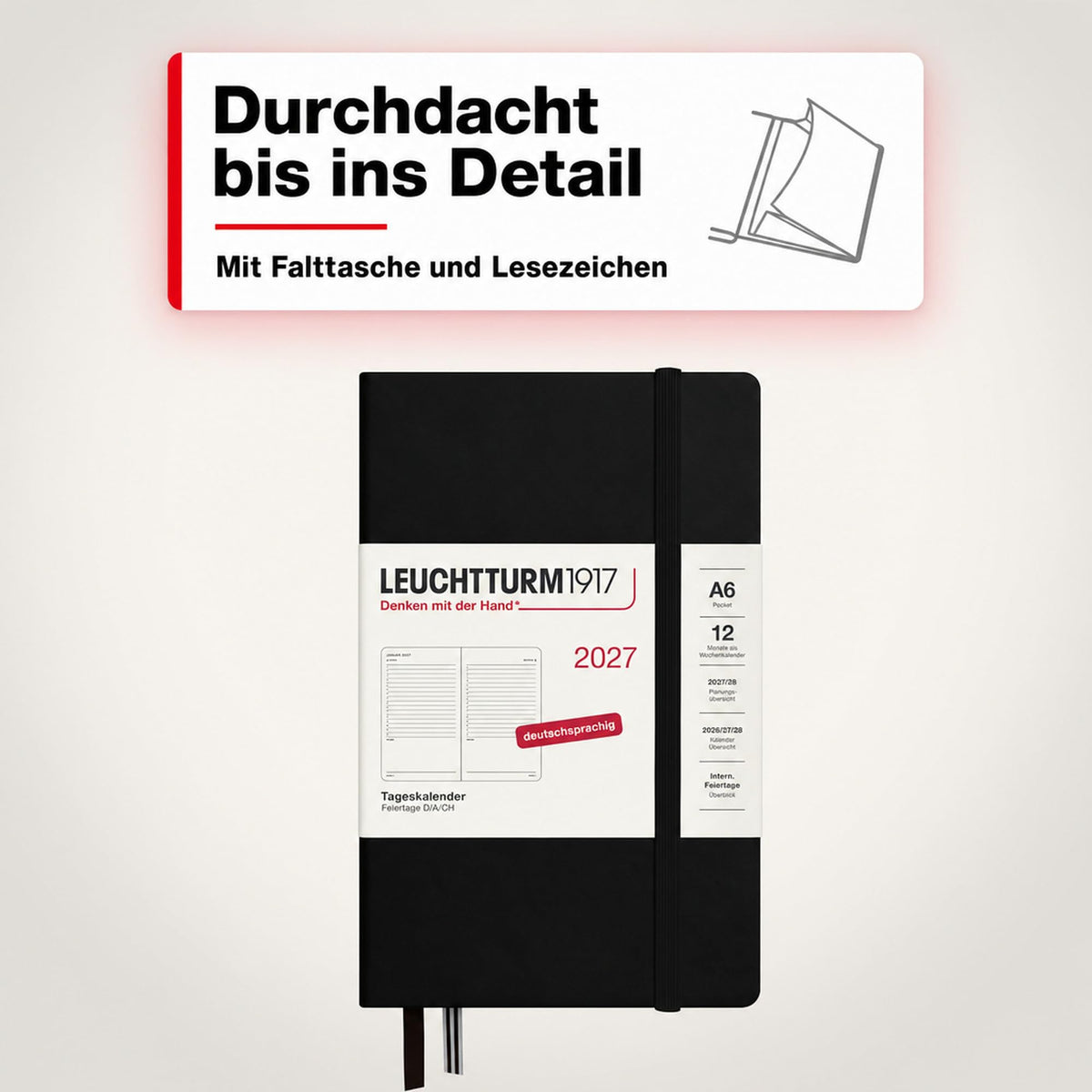 LEUCHTTURM1917 Daily Calendar 2027 Pocket (A6) - German, black, 90 x 150 mm, January-December (12 months), 1 page per day, hourly grid 7:00-22:00, hardcover, 80 g/m² paper - 400164