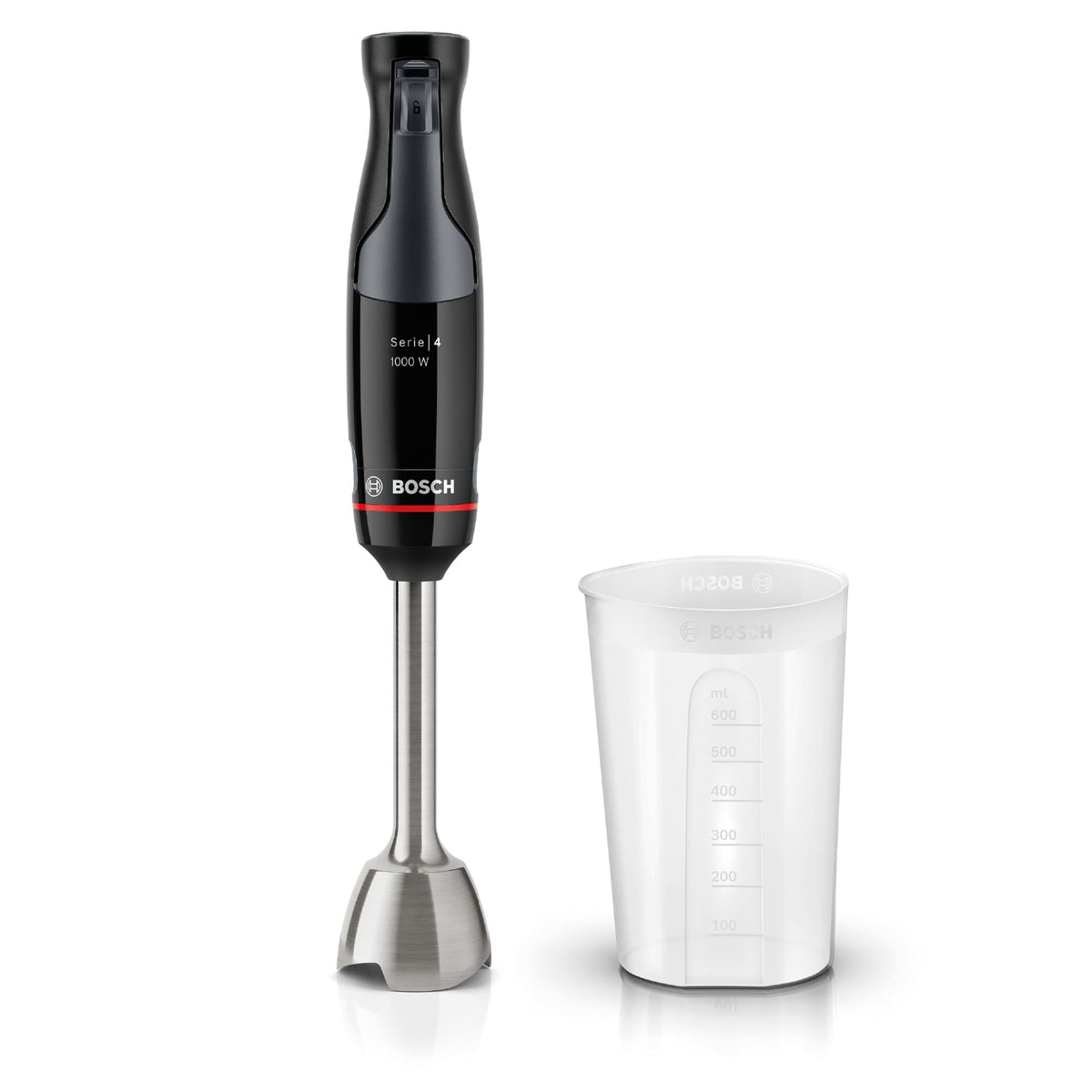 Bosch ErgoMaster Series 4 Hand Blender, with mixing cup, stainless steel blades, durable, wear-free ceramic coupling, safety lock, 1000 W, black, MSM4B610