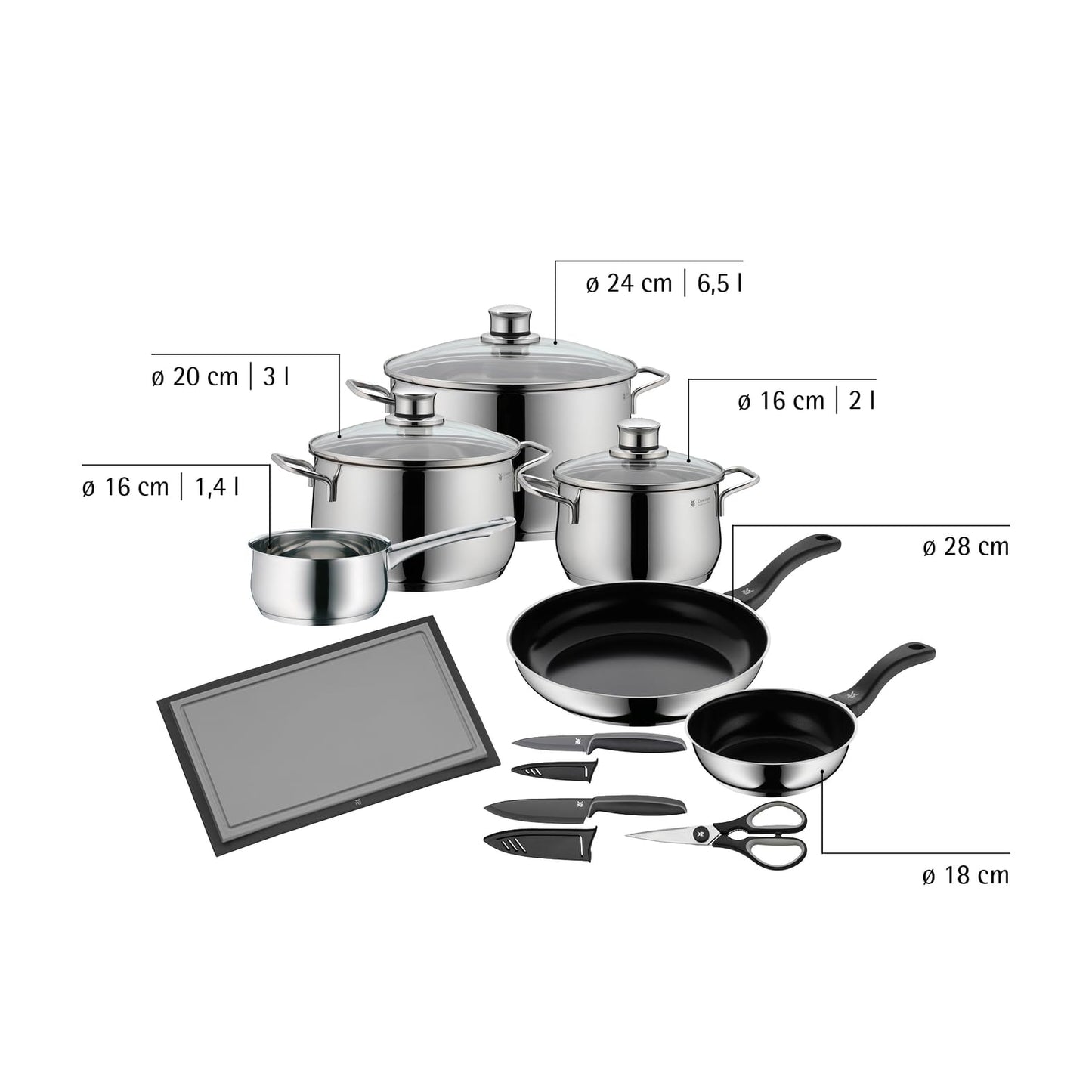 WMF Diadem Plus pot set induction 10 pieces, cooking pot set with glass lid, Cromargan polished stainless steel, induction pot set uncoated - 730756040