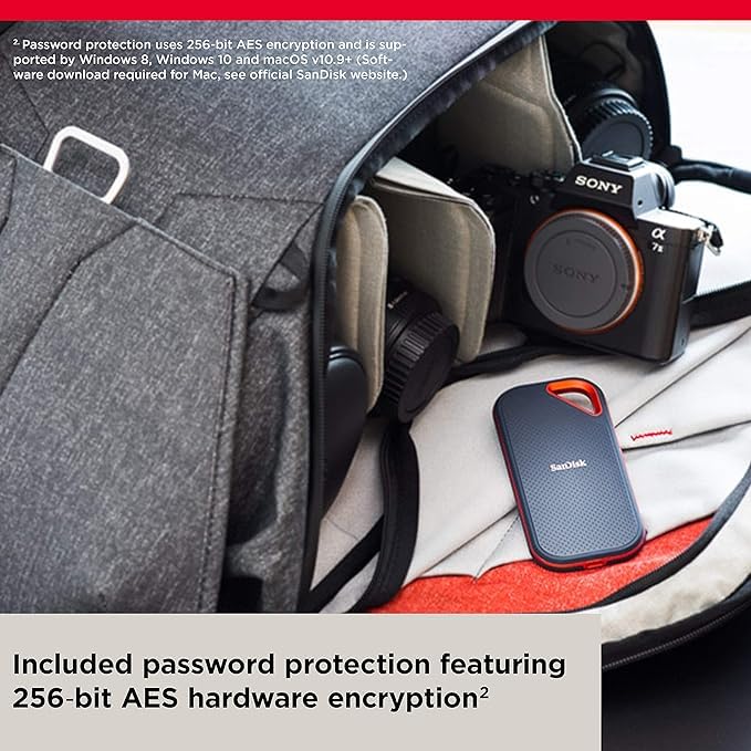 SanDisk Extreme PRO Portable SSD 4TB (external SSD, NVMe SSD performance, 2.5 inch, 2,000 MB/s read and write, AES encryption, IP65 water and dust protection) gray - SDSSDE81-4T00-G25
