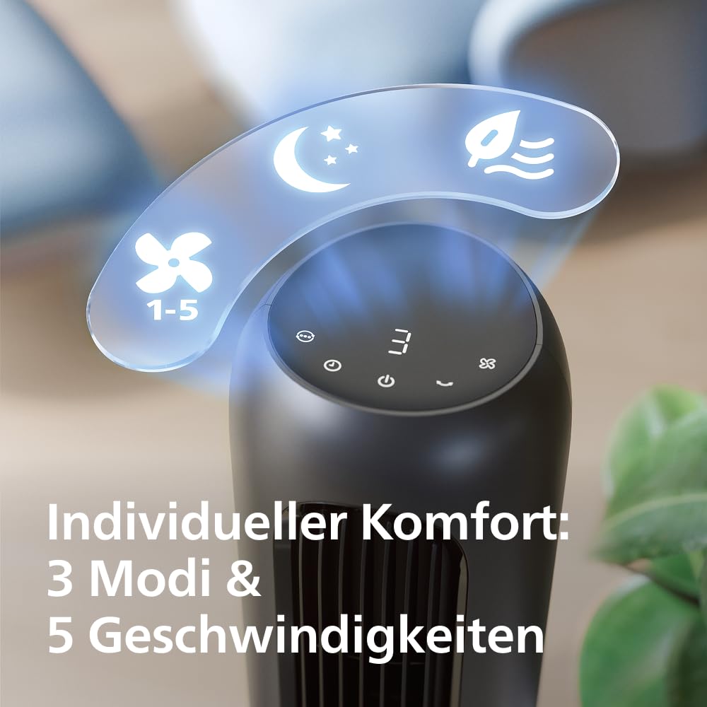 Philips tower fan 5000 Series. Powerful 8.0 m/s, ultra-quiet 24 dB, low energy consumption, remote control, 5 speed levels, sleep mode, 9-hour timer, 80° oscillation (CX5540/01)