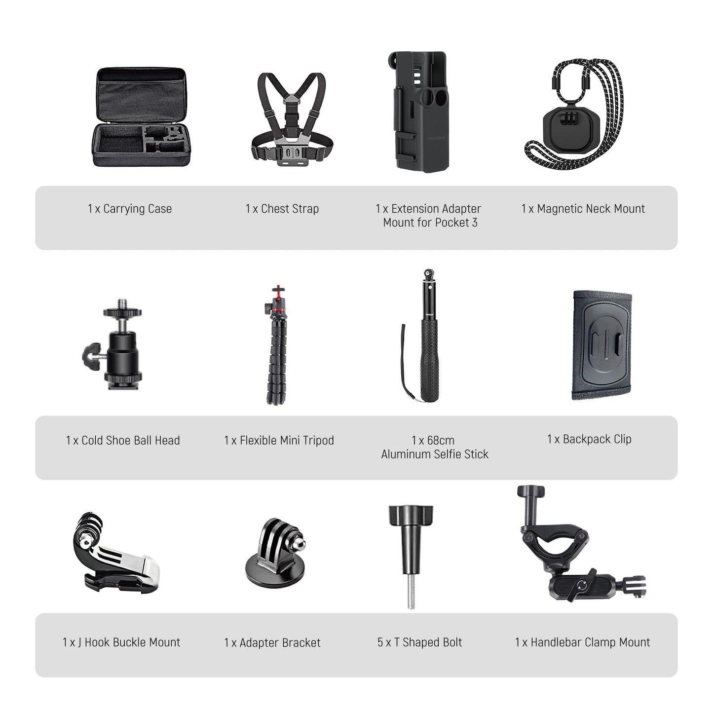 NEEWER Basics 16 in 1 Accessory Set Compatible with DJI OSMO Pocket 3, Mini Tripod Selfie Stick Chest Strap Magnetic Neck Attachment Extension Adapter Mountaineering Cycling Dual Cam Vlog, GP-52 - 10105863