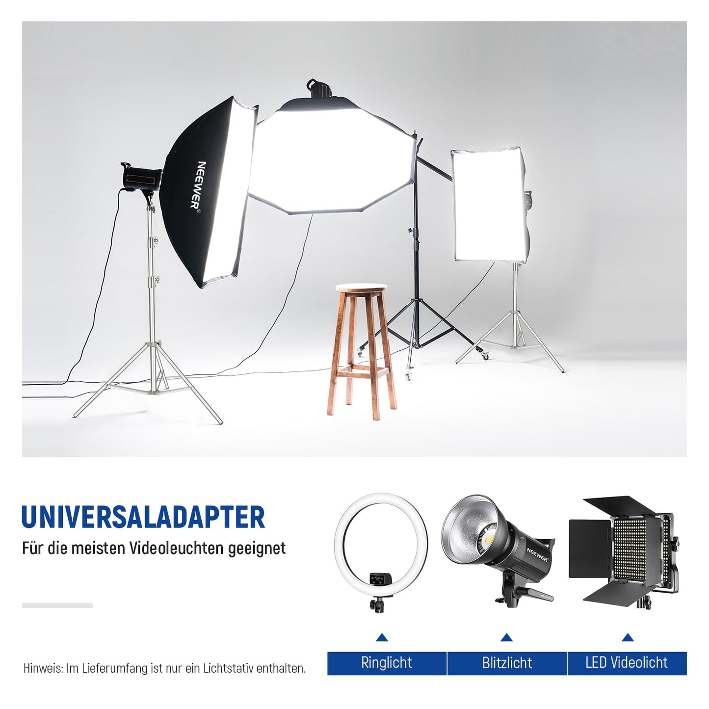 NEEWER 280cm light stand, 2 pieces stainless steel light stand, spring-damped heavy duty photography lamp tripod with 1/4" to 3/8" adapter for flash video ring light monolight softbox, max. 10kg, ST-280SS